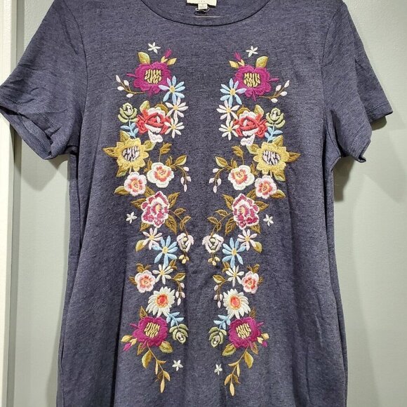 Umgee Womens Small Tunic T Shirt Dress Embroidered Floral Blue Pink Pockets - Picture 3 of 13